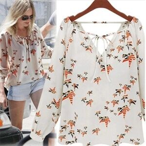 Floral Print V Neck Cut-out Long Sleeve Top Size Medium​